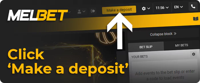 Click on "Make a deposit" to add funds to your Melbet account.
