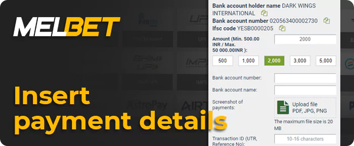 Enter the amount and payment details for depositing in your Melbet account
