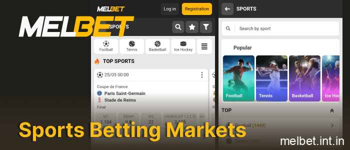 Wide sports betting markets on Melbet India