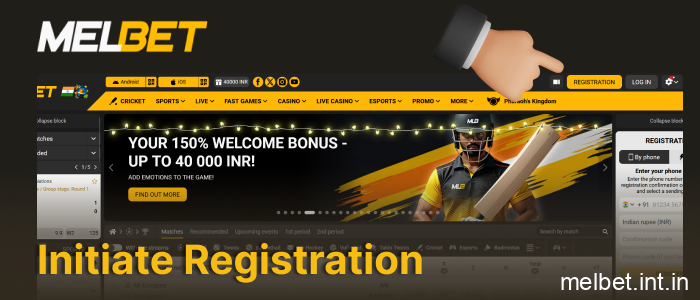 Go to the official Melbet website using your favorite browser and click the yellow Register button, step 1