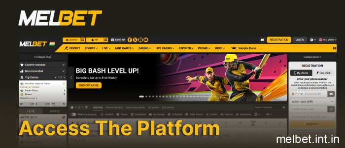 Go to the official Melbet website and click the register button, step 1