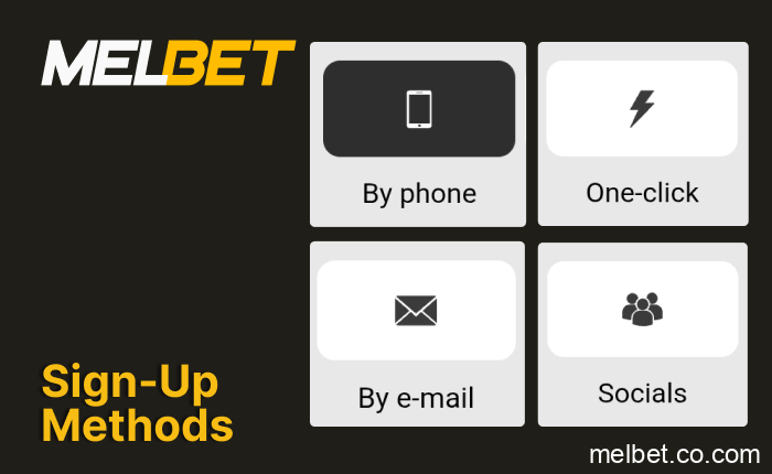 MelBet India sign-up methods including phone number, email, one-click, and social networks