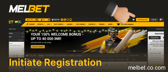 Go to the official Melbet website using your favorite browser and click the yellow Register button, step 1